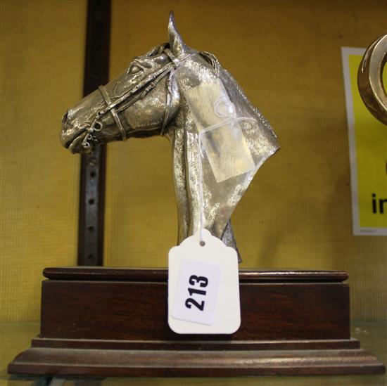 Modern silver bust of a racehorse by David Geenty, on rectangular wood base with presentation plaque
